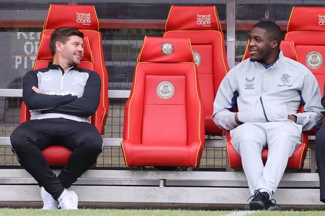 Rangers manager Steven Gerrard talking to Nnamdi Ofoborh of Rangers' before the pre-season at Firhill Stadium, Glasgow.