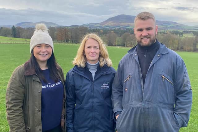 Scottish Association of Young Farmers Clubs national manager Sheena Foster, RSABI chief executive Carol McLaren and Biggar Young Farmers Club chair Ross Jackson