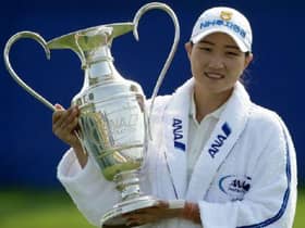 Lorea's Mirim Lee shows off the trophy after play-off win over Brooke Henderson and Nelly Korda in the ANA Inspiration in California. Picture: Getty Images