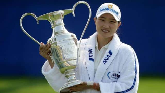 Lorea's Mirim Lee shows off the trophy after play-off win over Brooke Henderson and Nelly Korda in the ANA Inspiration in California. Picture: Getty Images