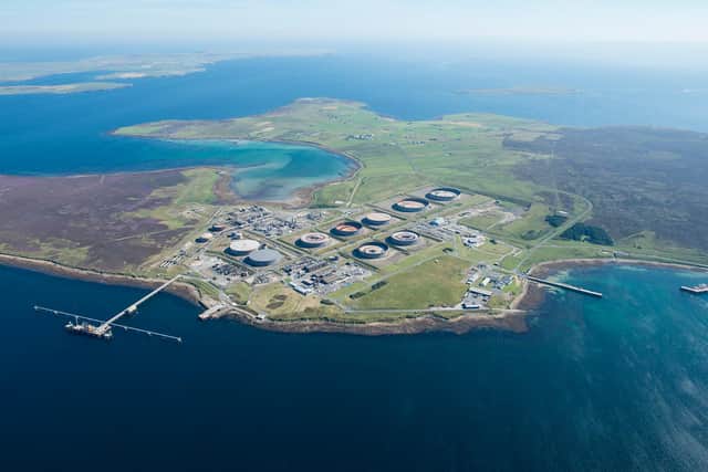 Those behind the proposal say it could deliver renewable power to a green hydrogen production facility at the Flotta Terminal (pictured).  Picture: contributed.