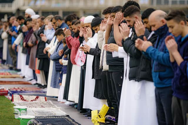 People take part in Eid Prayer during Sunnah as they pray outdoors at Bristol's Big Eid Salah: Eid al- Fitr 2022, as the holy month of Ramadan comes to an end and Muslims celebrate Eid al-Fitr.