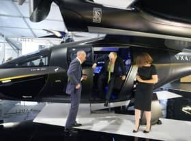 Boris Johnson emerges from a VX4 vertical aerospace aircraft at the Farnborough International Airshow last month (Picture: Frank Augstein/WPA Pool/Getty Images)
