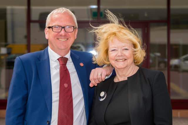 Foundation of Hearts chairman Stuart Wallace (L) and Hearts owner Ann Budge.