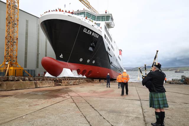 Dignitaries and members of the Ferguson’s shipyard workforce attend the launch of the MV Glen Rosa in Glasgow. Picture: Jeff J Mitchell/Getty Images
