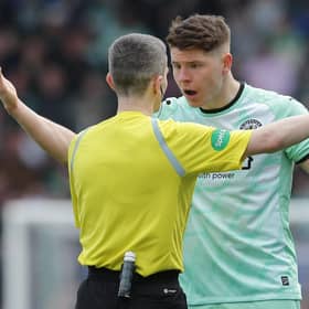 Hibs striker Kevin Nisbet argues with referee Craig Napier during the 1-1 draw at St Johnstone.