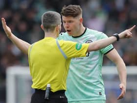 Hibs striker Kevin Nisbet argues with referee Craig Napier during the 1-1 draw at St Johnstone.