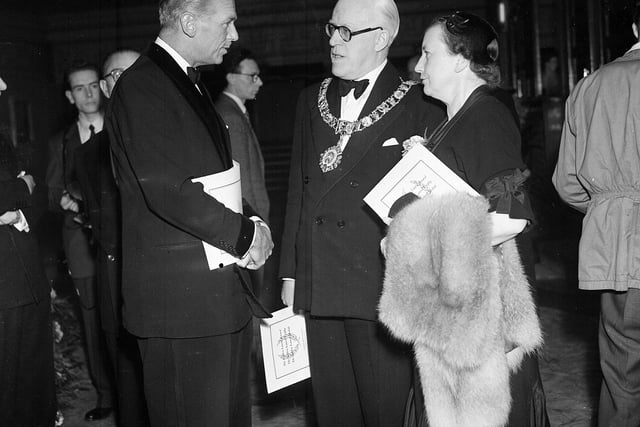 Douglas Fairbanks Jnr with Lord Provost John Banks arriving at the.Golden Laurel Film Awards at the New Victoria Cinema in Edinburgh 1955.