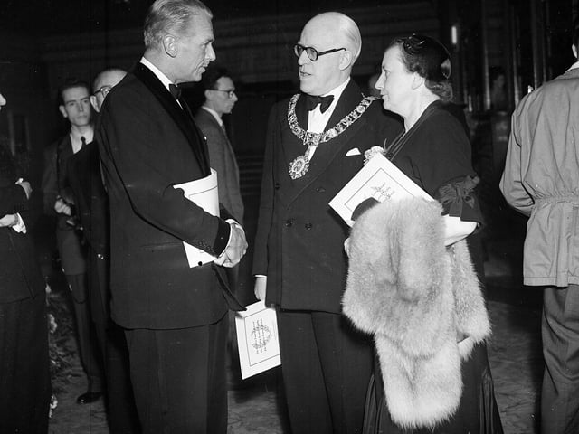 Douglas Fairbanks Jnr with Lord Provost John Banks arriving at the.Golden Laurel Film Awards at the New Victoria Cinema in Edinburgh 1955.