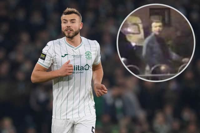 Football fans have identified the Hibs defender in the background of a CCTV image posted on Facebook.