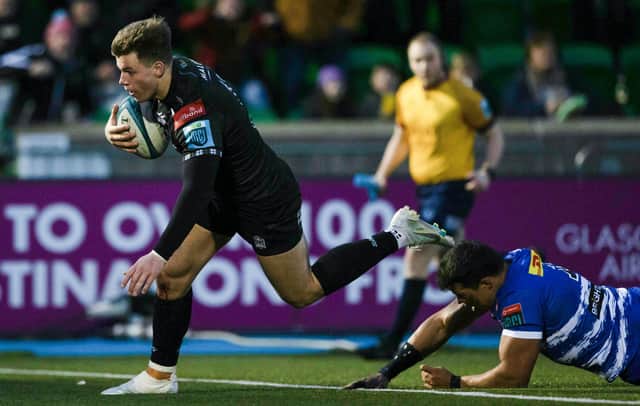 Huw Jones powers through to scores the third try for Glasgow Warriors in the win over the Stormers at Scotstoun. (Photo by Craig Williamson / SNS Group)