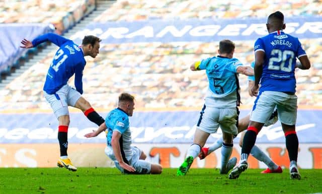 Brandon Barker scores to make it 2-0 Rangers during a Ladbrokes Premiership match between Rangers and Ross County at Ibrox Stadium on October 04, in Glasgow, Scotland (Photo by Alan Harvey / SNS Group)