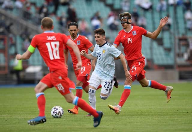 Scotland midfielder Billy Gilmour fights for the ball with Luxembourg forward Maurice Deville (R) during the friendly on June 6, 2021, in preparation for the UEFA 2020 European Championships. (Photo by JOHN THYS/AFP via Getty Images)