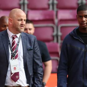 Hearts' sporting director Joe Savage and Odel Offiah at Tynecastle on Thursday night.