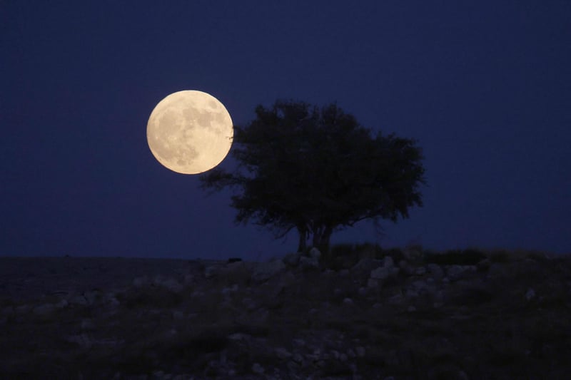A picture taken from the Israeli city of Rosh Haain shows the 'Blue Moon' rising over the West Bank. (Photo by Menahem KAHANA / AFP)