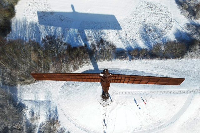Antony Gormley's Angel of the North sculpture in the snow, at Gateshead, Tyne and Wear.