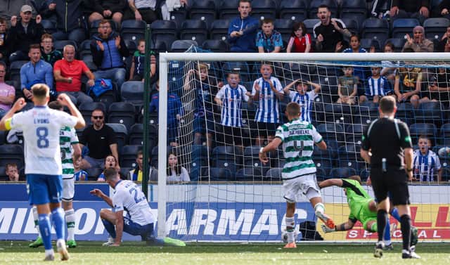 Kilmarnock's Marley Watkins scores the winner at Rugby Park to knock Celtic out of the Viaplay Cup.