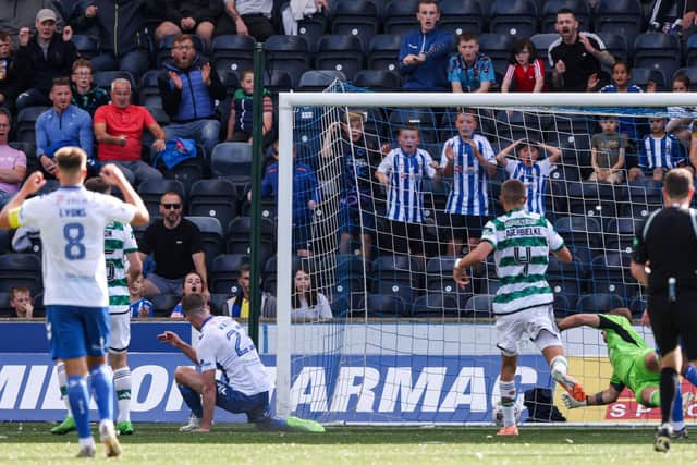 Kilmarnock's Marley Watkins scores the winner at Rugby Park to knock Celtic out of the Viaplay Cup.