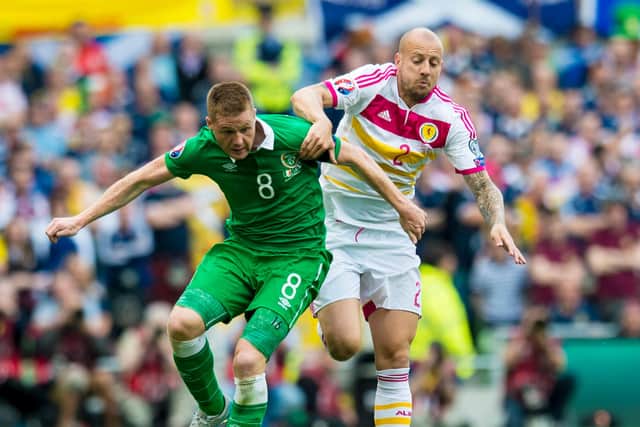 James McCarthy in action for the Republic of Ireland, battles Scotland's Alan Hutton. The midfielder has 43 caps for the Irish. (Photo by Craig Williamson/SNS Group).