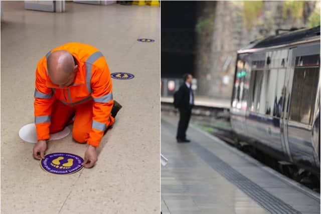 ScotRail shared an image on social media showing a workman laying social distance markers at a train station.