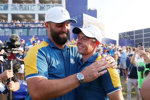 Jon Rahm and Rory McIlroy celebrate Europe's victory in the Ryder Cup in Rome in September. Picture: Patrick Smith/Getty Images.