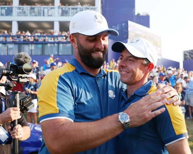 Jon Rahm and Rory McIlroy celebrate Europe's victory in the Ryder Cup in Rome in September. Picture: Patrick Smith/Getty Images.