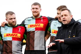 Harlequins coach Danny Wilson speaks with his players after the Champions Cup win over Ulster in January.  (Photo by Andrew Fosker/Shutterstock)