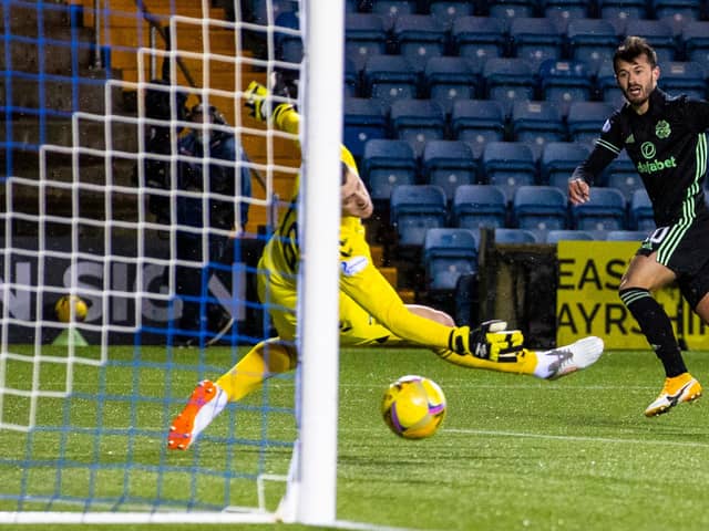 Albian Ajeti scores to make it 4-0 to Celtic. Picture: SNS