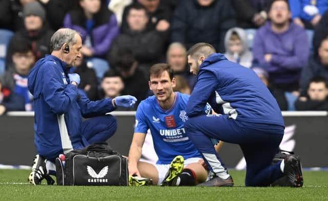 Rangers left-back Borna Barisic was forced off with an injury during the weekend win over Hibs. (Photo by Rob Casey / SNS Group)