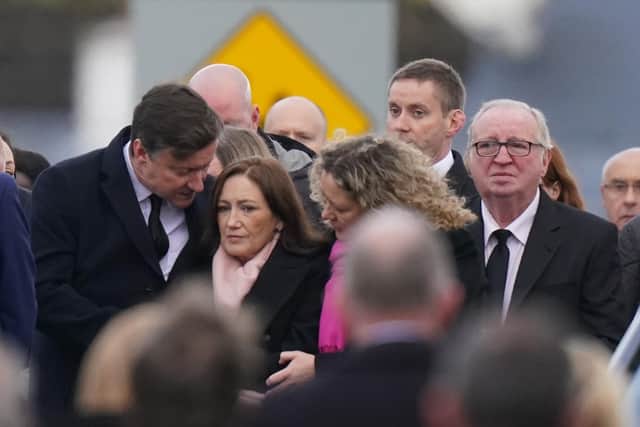 Family and mourners arrive at St Michael's Church, in Creeslough, for the funeral mass of Robert Garwe and his five-year-old daughter Shauna (Pic:  Niall Carson/PA Wire)