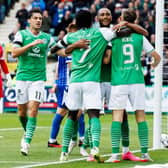 Dylan Vente celebrates with his Hibs teammates after scoring in the 2-0 win over St Johnstone. (Photo by Ross Parker / SNS Group)