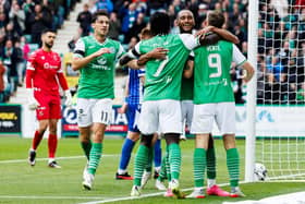 Dylan Vente celebrates with his Hibs teammates after scoring in the 2-0 win over St Johnstone. (Photo by Ross Parker / SNS Group)
