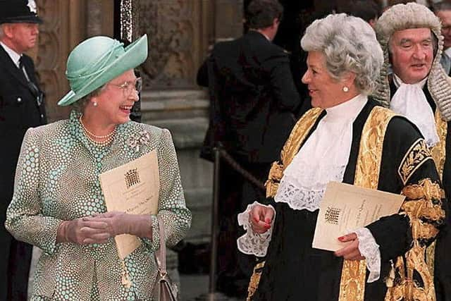 Labour MP Betty Boothroyd, seen with the Queen in 1995, was elected first woman Speaker on this day in 1992