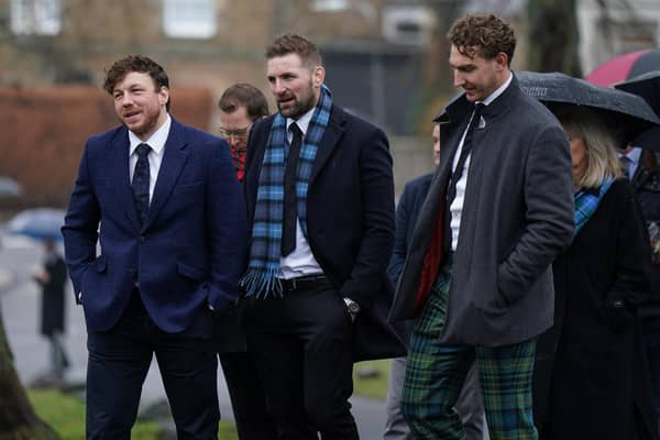 (L-R) Hamish Watson, John Berkeley and Jamie Ritchie arrive at Melrose Parish Church for Doddie Weir's memorial service. Picture: Peter Summers/Getty Images
