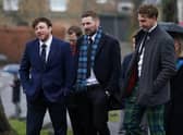 (L-R) Hamish Watson, John Berkeley and Jamie Ritchie arrive at Melrose Parish Church for Doddie Weir's memorial service. Picture: Peter Summers/Getty Images
