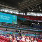 A message of support for Christian Eriksen on the LED screen at Wembley Stadium prior to England's Euro 2020 match with Croatia. Picture: Getty