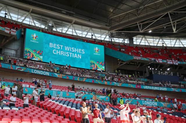 A message of support for Christian Eriksen on the LED screen at Wembley Stadium prior to England's Euro 2020 match with Croatia. Picture: Getty
