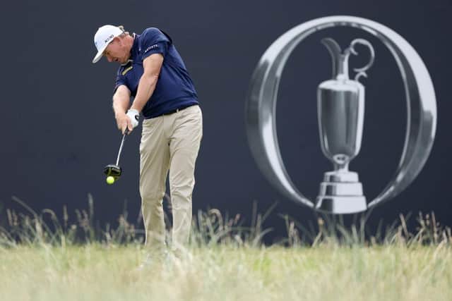 Two-time winner Ernie Els tees off on the first hole on day one of The 151st Open at Royal Liverpool. Picture: Warren Little/Getty Images.