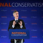 Conservative MP Jacob Rees-Mogg delivers his keynote address during the National Conservatism conference at The Emmanuel Centre in London. Picture: Leon Neal/Getty Images