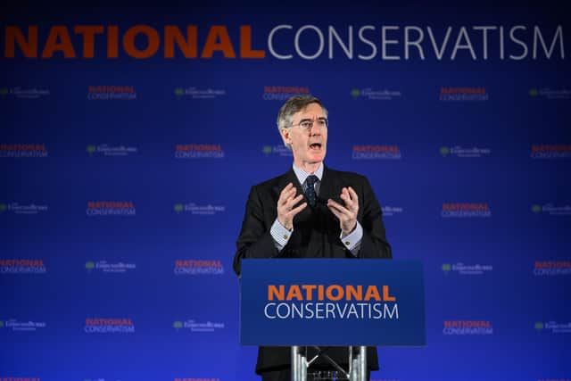 Conservative MP Jacob Rees-Mogg delivers his keynote address during the National Conservatism conference at The Emmanuel Centre in London. Picture: Leon Neal/Getty Images