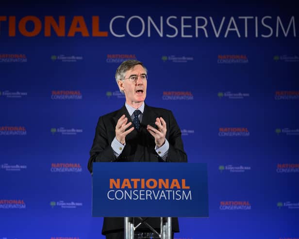 Conservative MP Jacob Rees-Mogg delivers his keynote address during the National Conservatism conference at The Emmanuel Centre in London. Picture: Leon Neal/Getty Images