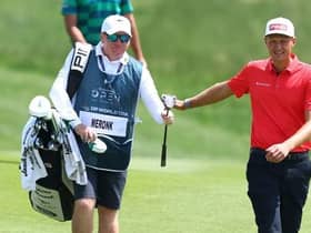 Adrian Meronk and Stuart Beck, his trusy Scottis caddie, walk on the second hole during day three of the DS Automobiles Italian Open at Marco Simone Golf Club. Picture: Naomi Baker/Getty Images.