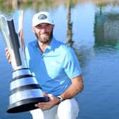 Dustin Johnson celebrates winning the Saudi International powered by SoftBank Investment Advisers for the second time at Royal Greens Golf and Country Club in King Abdullah Economic City in February. Picture: Ross Kinnaird/Getty Images.