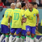 Thiago Silva of Brazil celebrates his side's fourth goal scored by Lucas Paqueta during the FIFA World Cup Qatar 2022 Round of 16 match between Brazil and South Korea at Stadium 974 on December 05, 2022 in Doha, Qatar. (Photo by Michael Steele/Getty Images)