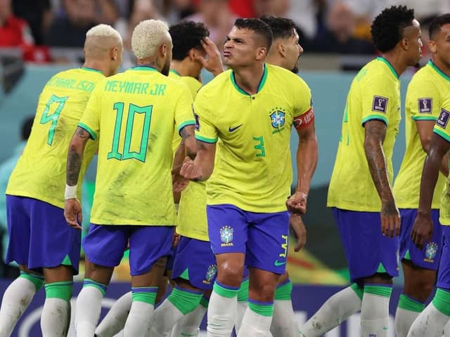 Thiago Silva of Brazil celebrates his side's fourth goal scored by Lucas Paqueta during the FIFA World Cup Qatar 2022 Round of 16 match between Brazil and South Korea at Stadium 974 on December 05, 2022 in Doha, Qatar. (Photo by Michael Steele/Getty Images)