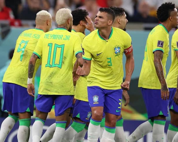 Thiago Silva of Brazil celebrates his side's fourth goal scored by Lucas Paqueta during the FIFA World Cup Qatar 2022 Round of 16 match between Brazil and South Korea at Stadium 974 on December 05, 2022 in Doha, Qatar. (Photo by Michael Steele/Getty Images)
