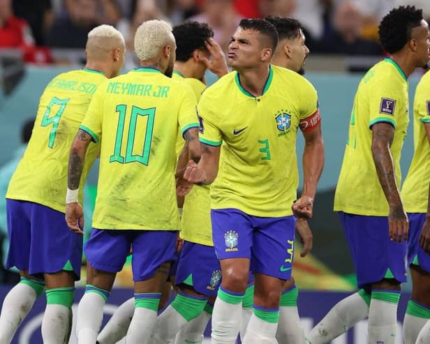 Thiago Silva of Brazil celebrates his side's fourth goal scored by Lucas Paqueta during the FIFA World Cup Qatar 2022 Round of 16 match between Brazil and South Korea at Stadium 974 on December 05, 2022 in Doha, Qatar. (Photo by Michael Steele/Getty Images)