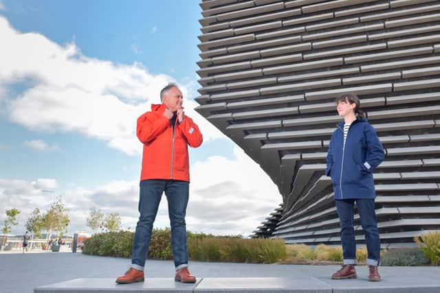Kerrie Aldo and Halley Stevensons managing director unveiled The Dundee Raincoat outside the city's V&A museum.