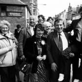 Charles Kennedy MP celebrates his election victory back in 1983 outside Dingwall Town Hall.