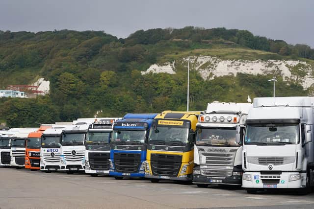 European lorries parked in Dover, Kent, as the Government is taking temporary measures to tackle the shortage of HGV drivers
